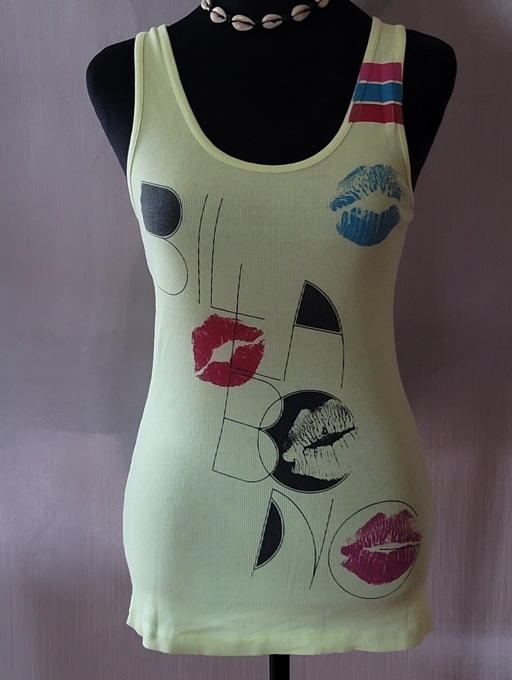 Women’s Pale Yellow Graphic Tank Top with Lip Print